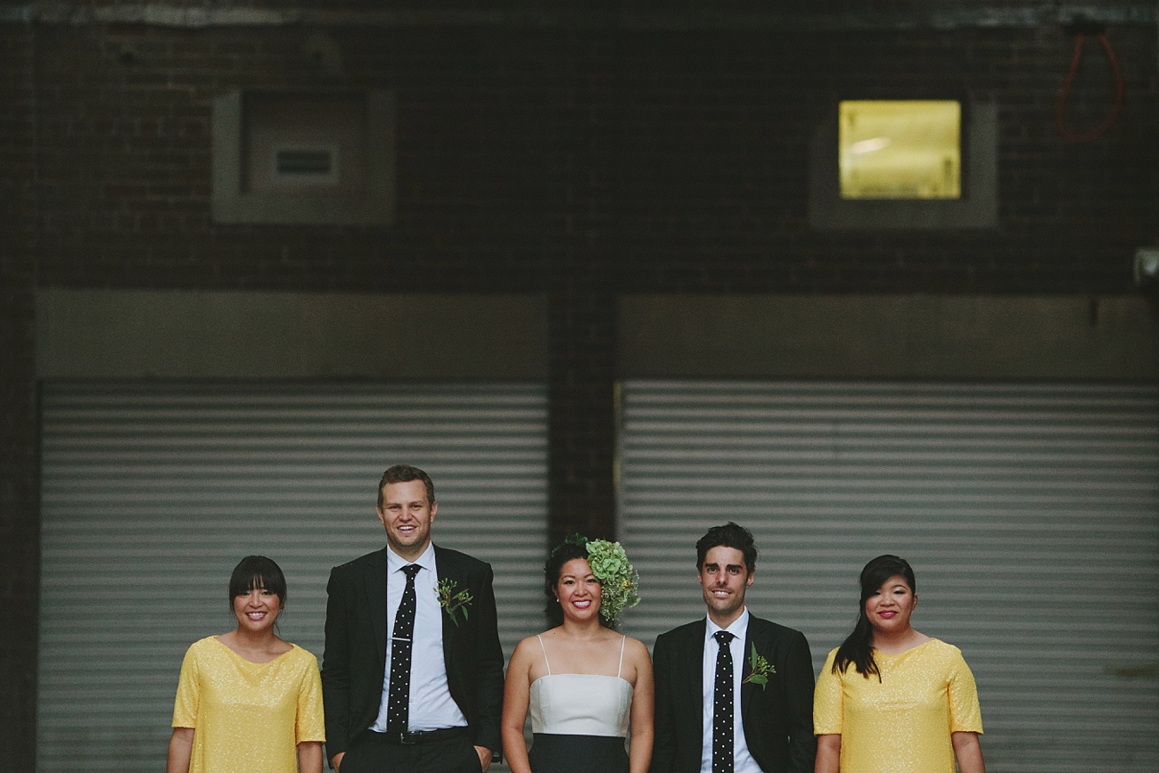 yellow, black and white bridal party portrait