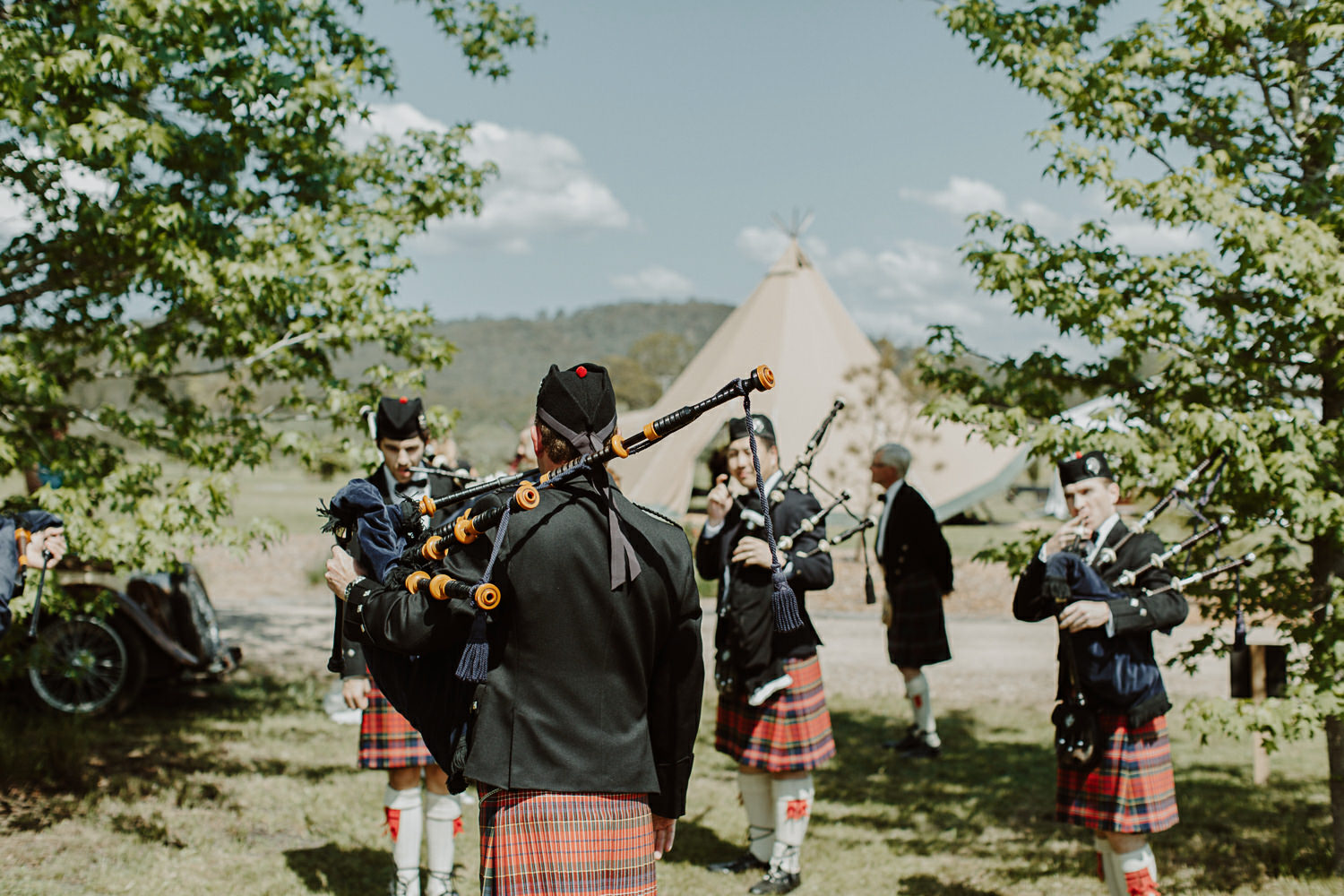 Bagpipers at Heather & James' wedding in Valleyfields, Wollombi